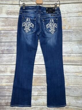 MISS ME 26 boot cut jeans stitched embellished fleur de lis pocket